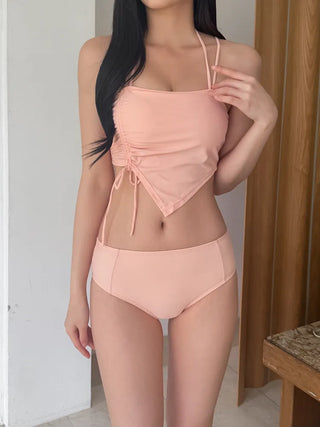 Two-Line Cut Shirred String Two-Piece Bikini Swimsuit