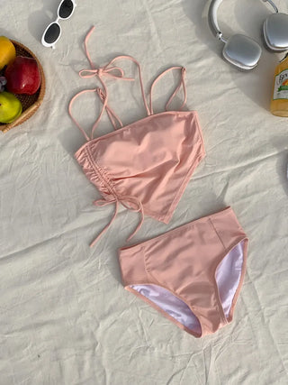 Two-Line Cut Shirred String Two-Piece Bikini Swimsuit