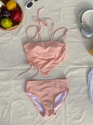 Two-Line Cut Shirred String Two-Piece Bikini Swimsuit
