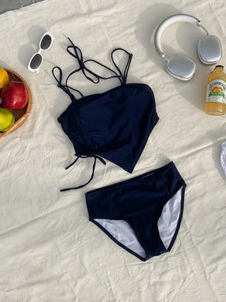 Two-Line Cut Shirred String Two-Piece Bikini Swimsuit