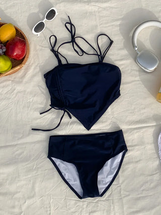 Two-Line Cut Shirred String Two-Piece Bikini Swimsuit