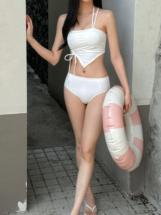 Two-Line Cut Shirred String Two-Piece Bikini Swimsuit