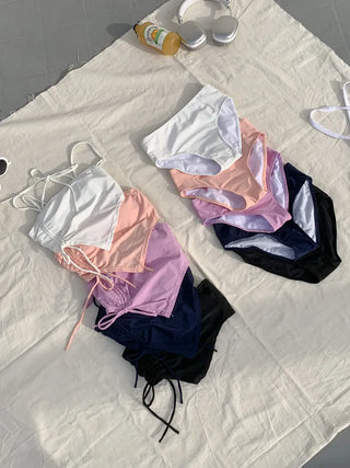 Two-Line Cut Shirred String Two-Piece Bikini Swimsuit