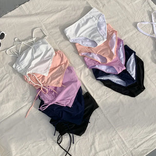 Two-Line Cut Shirred String Two-Piece Bikini Swimsuit