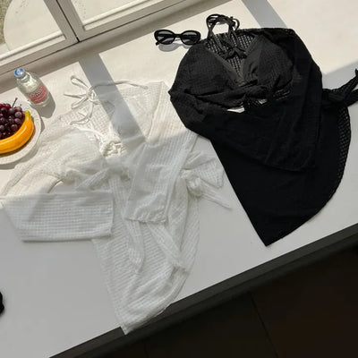Waffle Check Cardigan Wrap Skirt Bikini Swimsuit