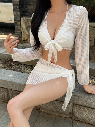 Waffle Check Cardigan Wrap Skirt Bikini Swimsuit