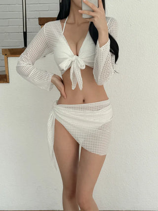 Waffle Check Cardigan Wrap Skirt Bikini Swimsuit