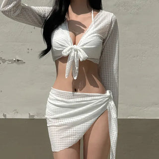 Waffle Check Cardigan Wrap Skirt Bikini Swimsuit