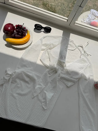 Waffle Check Cardigan Wrap Skirt Bikini Swimsuit