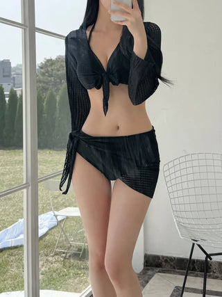 Waffle Check Cardigan Wrap Skirt Bikini Swimsuit