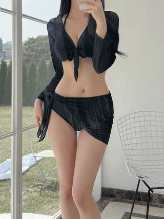 Waffle Check Cardigan Wrap Skirt Bikini Swimsuit