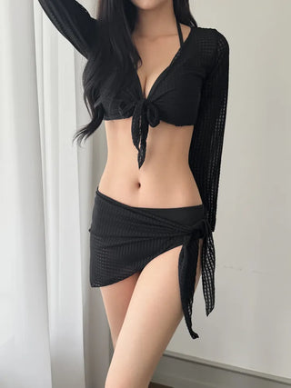 Waffle Check Cardigan Wrap Skirt Bikini Swimsuit