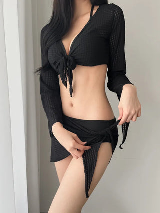 Waffle Check Cardigan Wrap Skirt Bikini Swimsuit