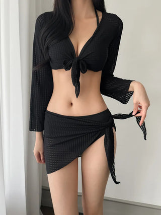 Waffle Check Cardigan Wrap Skirt Bikini Swimsuit