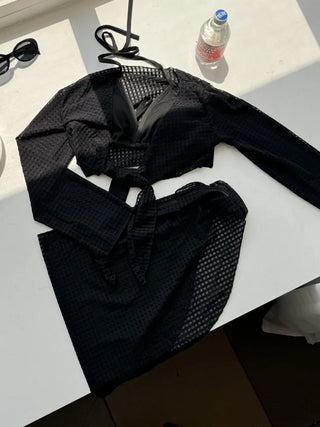 Waffle Check Cardigan Wrap Skirt Bikini Swimsuit