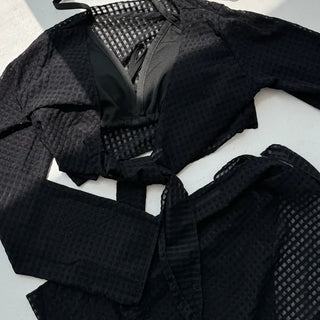 Waffle Check Cardigan Wrap Skirt Bikini Swimsuit