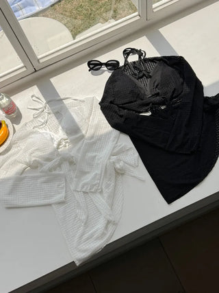 Waffle Check Cardigan Wrap Skirt Bikini Swimsuit