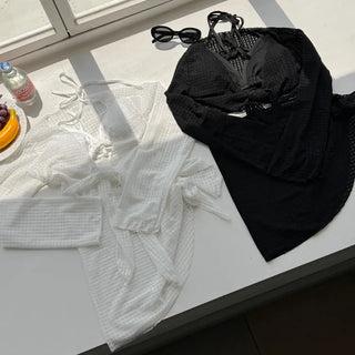 Waffle Check Cardigan Wrap Skirt Bikini Swimsuit