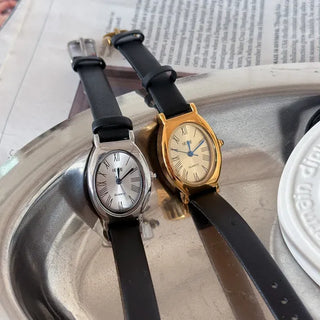 EKE Oval Classic Silver Leather Wristwatch