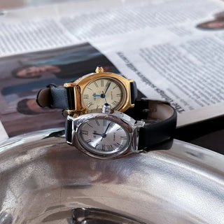 EKE Oval Classic Silver Leather Wristwatch