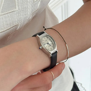EKE Oval Classic Silver Leather Wristwatch