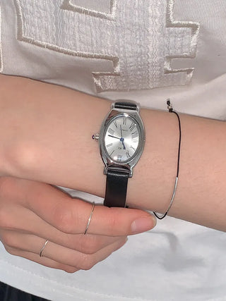 EKE Oval Classic Silver Leather Wristwatch