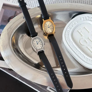 EKE Oval Classic Silver Leather Wristwatch