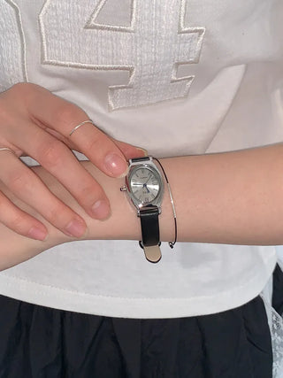 EKE Oval Classic Silver Leather Wristwatch