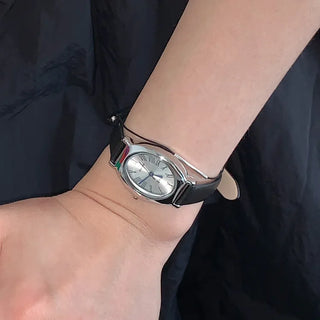 EKE Oval Classic Silver Leather Wristwatch