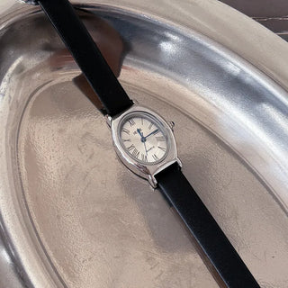 EKE Oval Classic Silver Leather Wristwatch