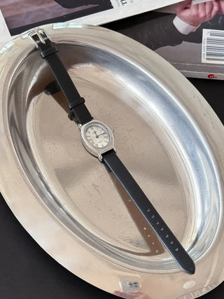 EKE Oval Classic Silver Leather Wristwatch