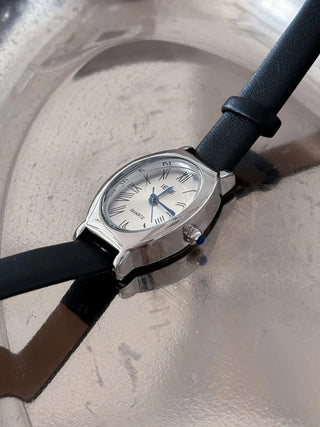 EKE Oval Classic Silver Leather Wristwatch