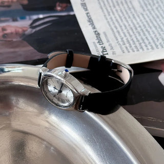 EKE Oval Classic Silver Leather Wristwatch