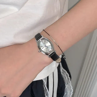 EKE Oval Classic Silver Leather Wristwatch