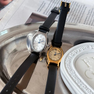 EKE Oval Classic Silver Leather Wristwatch