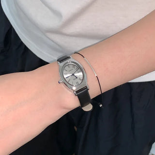 EKE Oval Classic Silver Leather Wristwatch