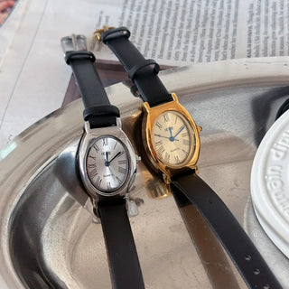 EKE Oval Classic Silver Leather Wristwatch