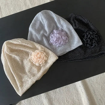Pearling Big Rose Mesh See-through Beanie Hat