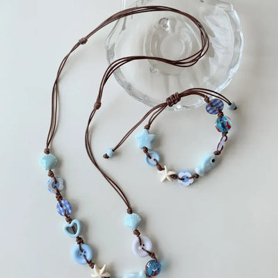Starfish Ceramic Button Heart Knot Long Bracelet Necklace