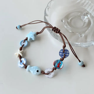 Starfish Ceramic Button Heart Knot Long Bracelet Necklace