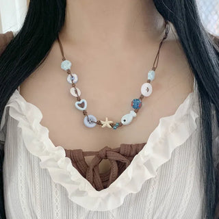 Starfish Ceramic Button Heart Knot Long Bracelet Necklace