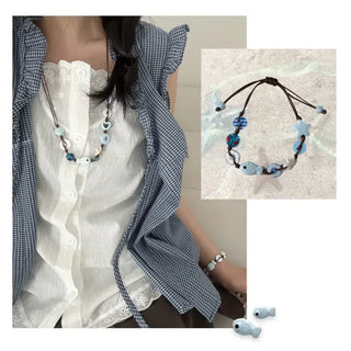 Starfish Ceramic Button Heart Knot Long Bracelet Necklace