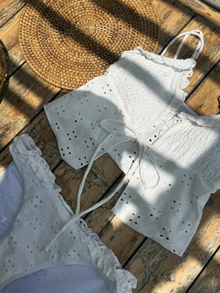 Punched Frill Lace Ribbon Tie Two-Piece Bikini Swimsuit