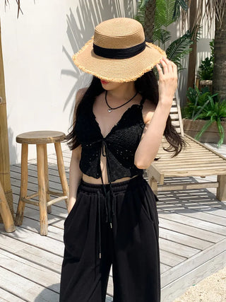 Punched Frill Lace Ribbon Tie Two-Piece Bikini Swimsuit