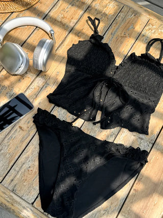 Punched Frill Lace Ribbon Tie Two-Piece Bikini Swimsuit