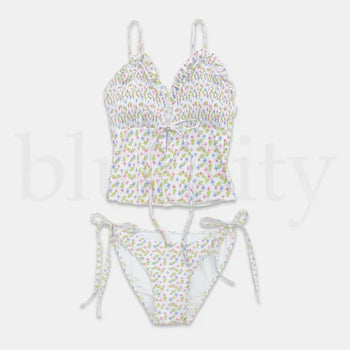 Smoke Flower Pattern Frill Ribbon Two-Piece Bikini Swimsuit