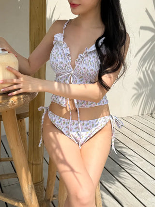 Smoke Flower Pattern Frill Ribbon Two-Piece Bikini Swimsuit