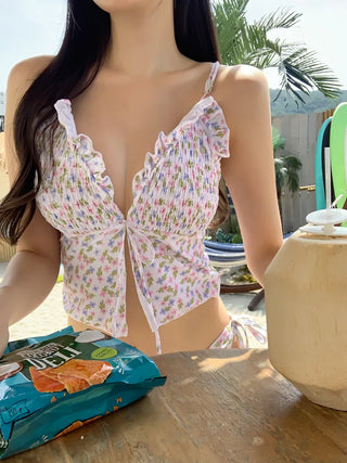 Smoke Flower Pattern Frill Ribbon Two-Piece Bikini Swimsuit