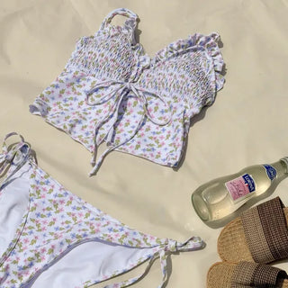 Smoke Flower Pattern Frill Ribbon Two-Piece Bikini Swimsuit