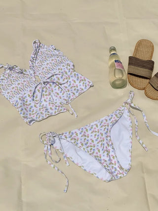 Smoke Flower Pattern Frill Ribbon Two-Piece Bikini Swimsuit